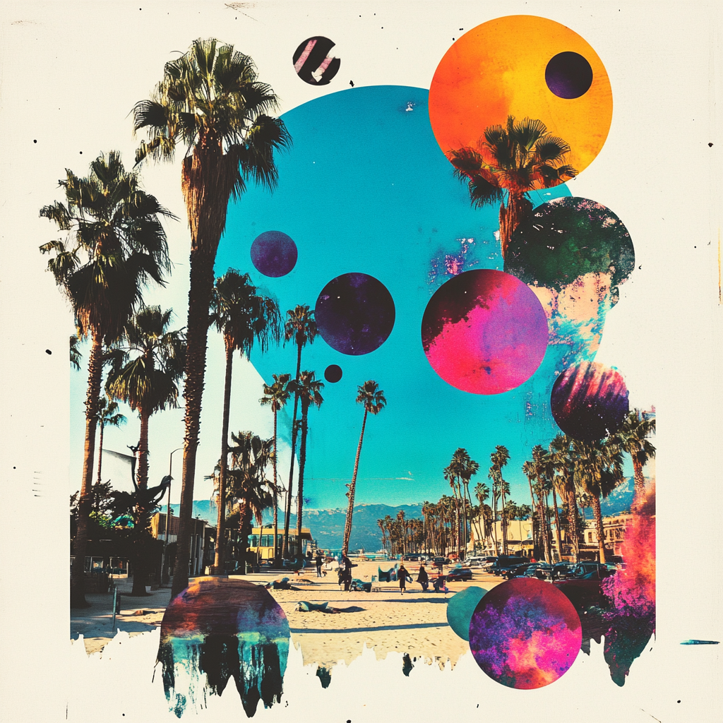 California beach collage with geometric shapes