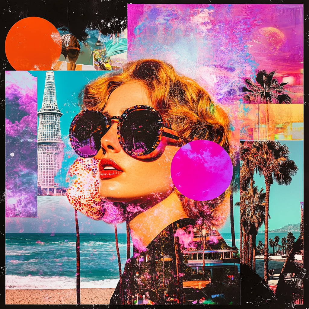 Stylized woman with LA landmarks collage