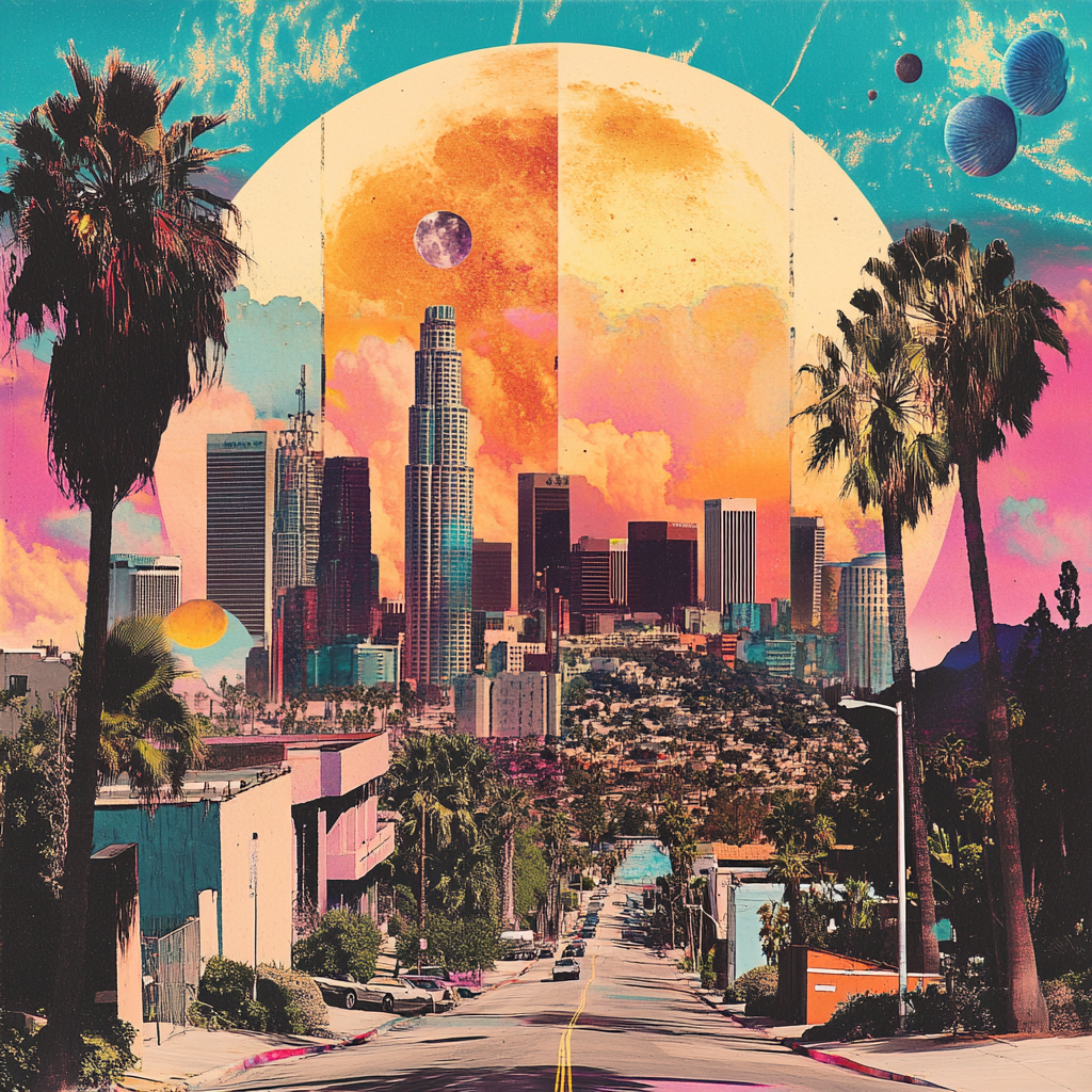 LA skyline with palm trees collage